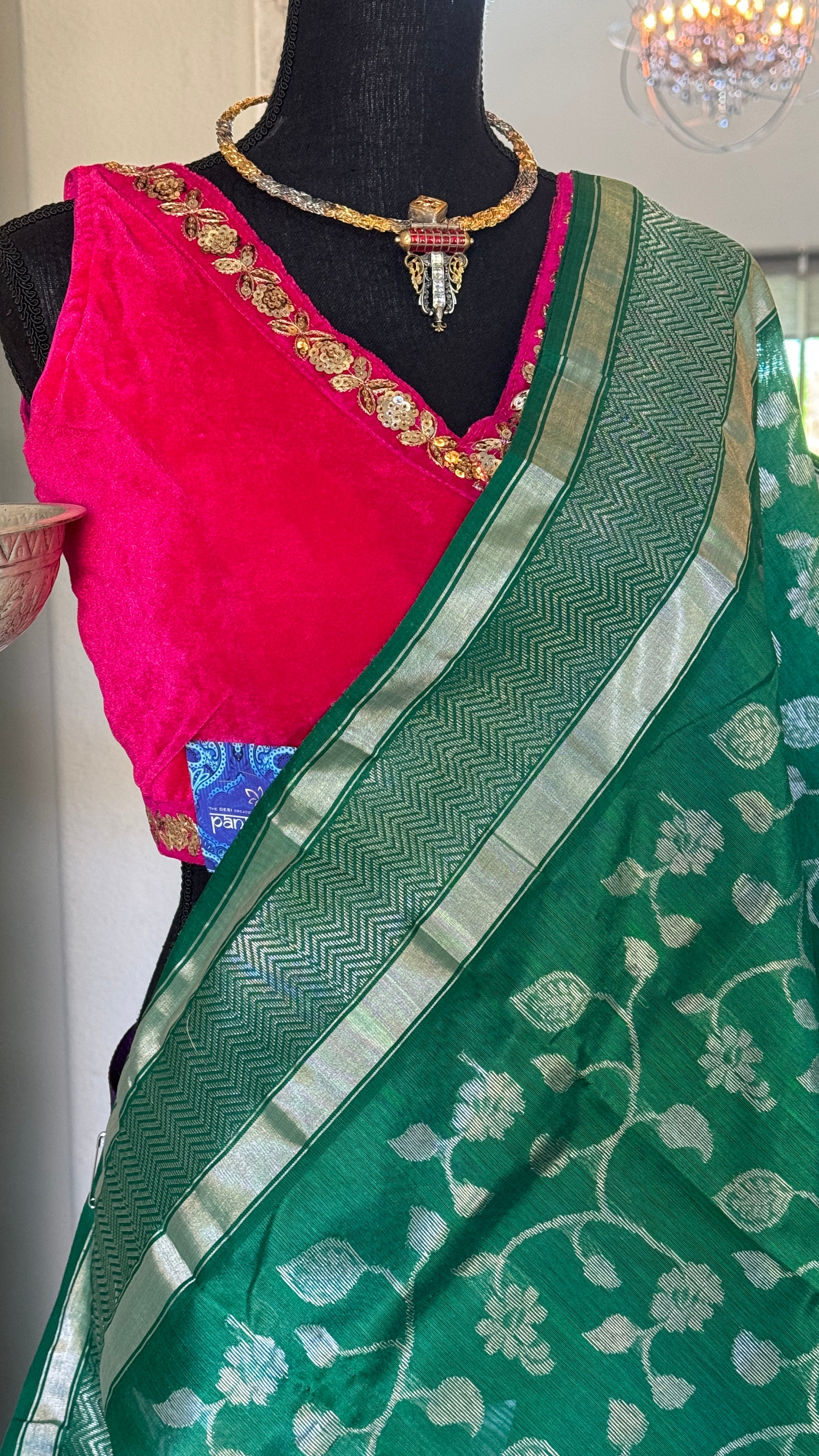 Designer Velvet Blouse - Pink Gold Zari Sleeveless
