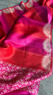 Bishnupur Silk Batik Soru Tuli -  Pink Orange White
