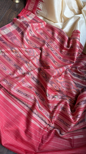 Pure Tussar Silk - Beige Red Ikat Palla