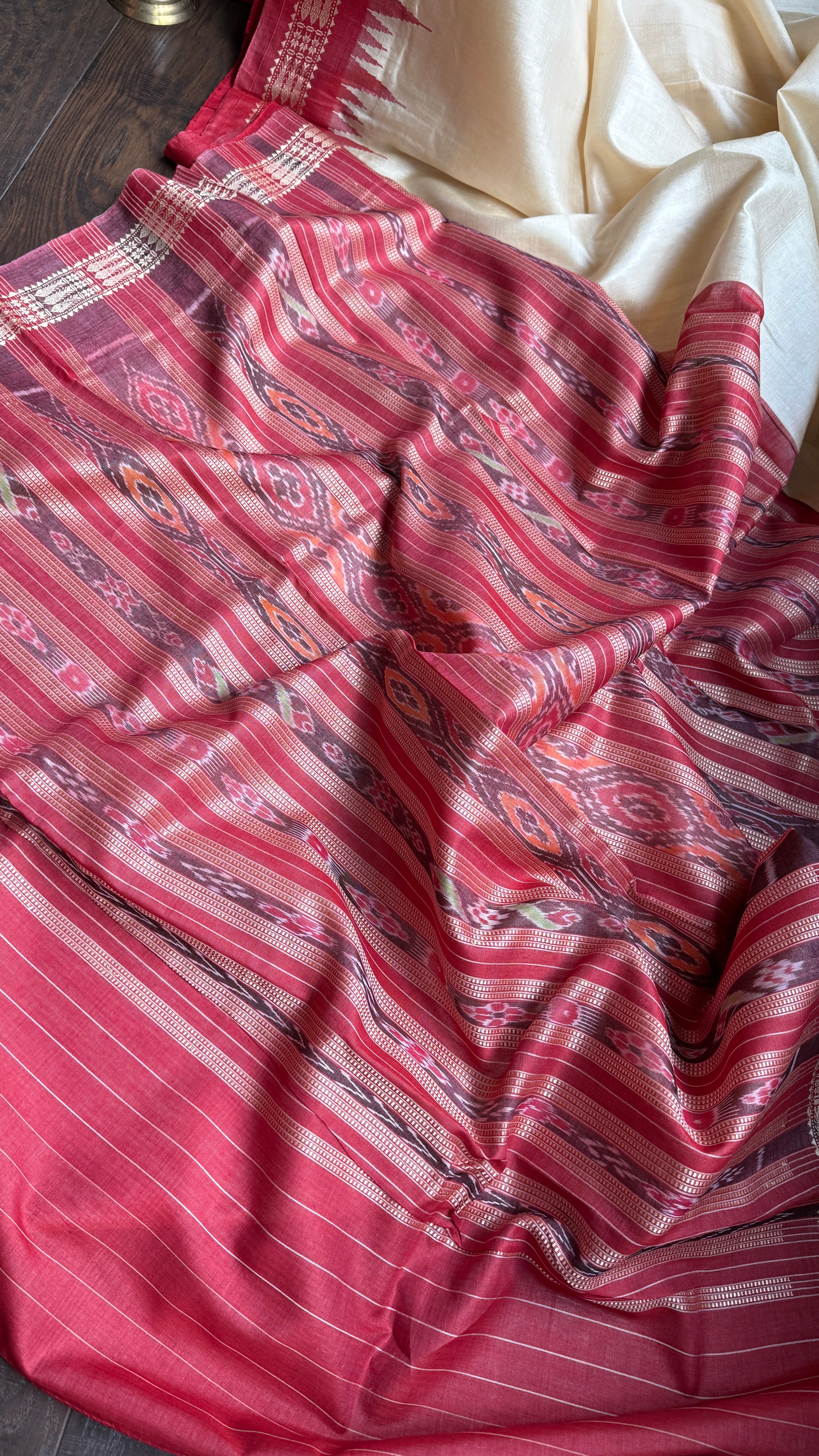 Pure Tussar Silk - Beige Red Ikat Palla