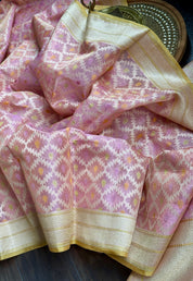 Pure Tissue Kora Silk Jamdaani Banarasi - Pink Golden Antique Zari