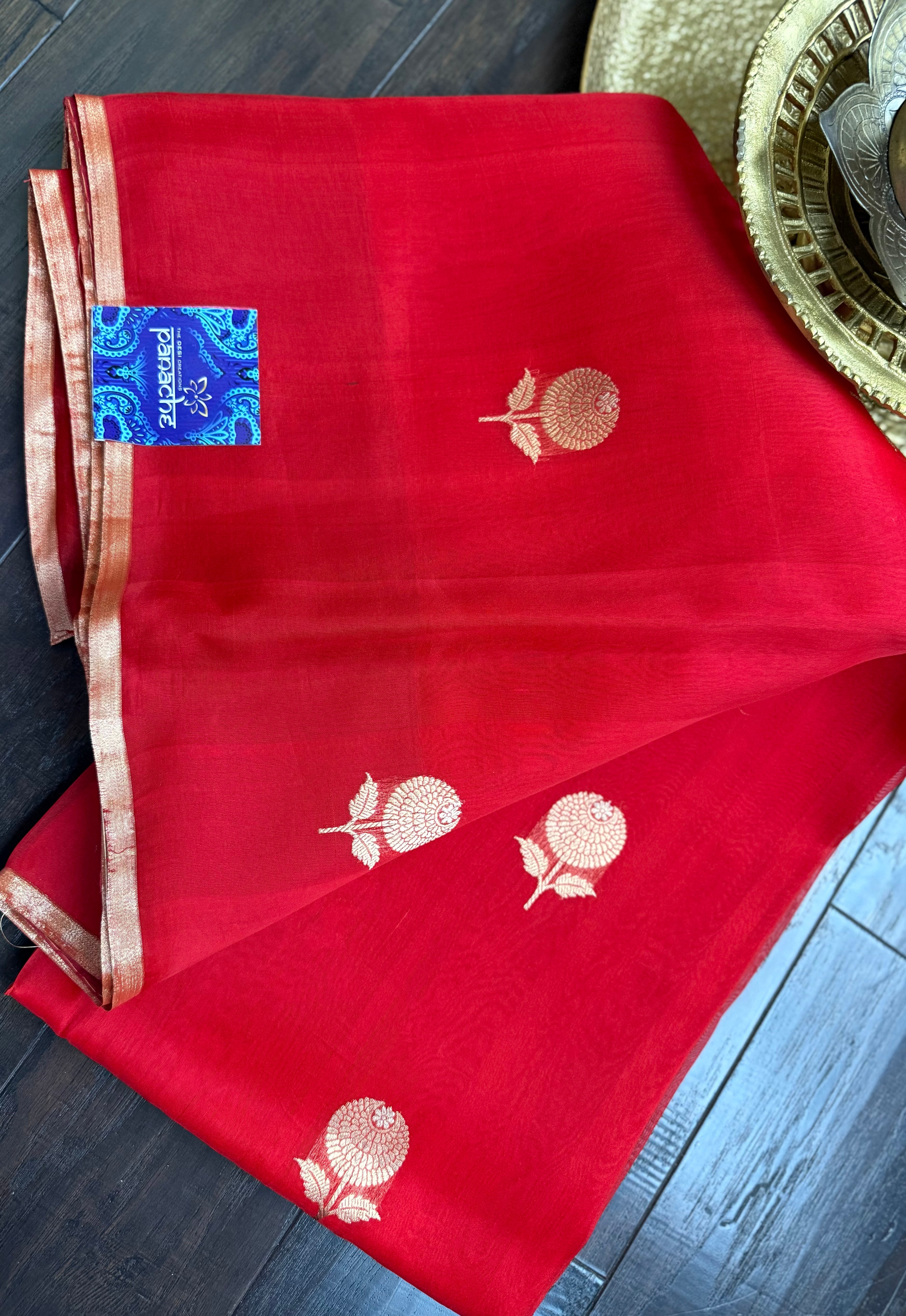 Pure Organza Silk Banarasi - Red Borderless