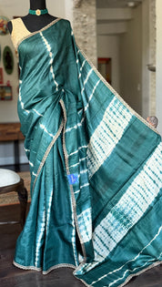 Designer Tussar Silk Shibori - Teal Green