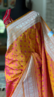 Pure Silk Mashru Silk Banarasi- Mustard Yellow Pink