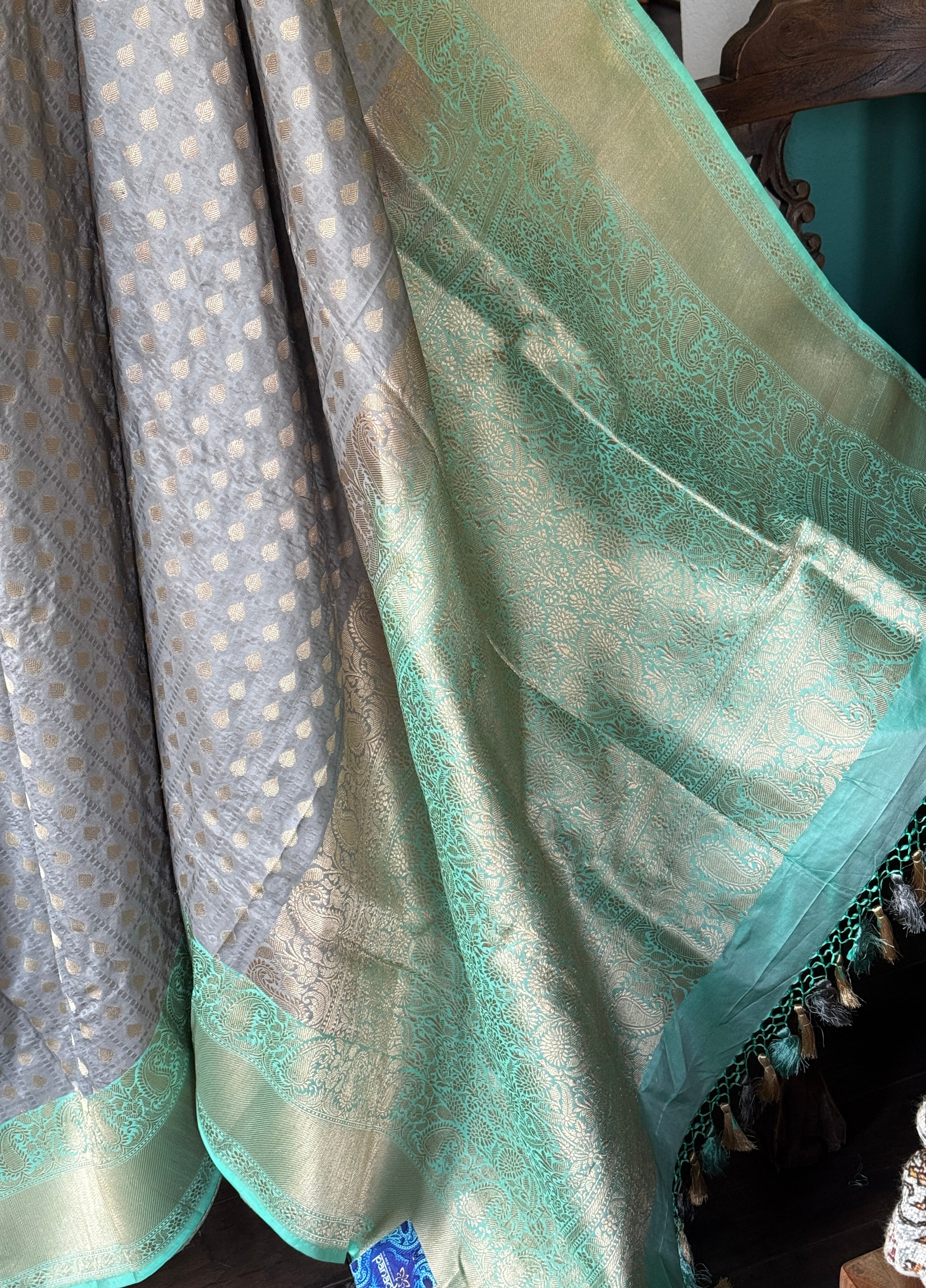 Pure Katan Silk Banarasi - Grey Sea Green Checkered
