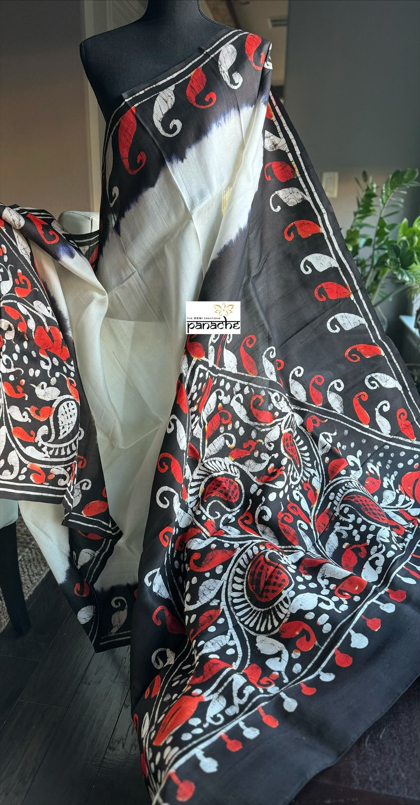 Pure Silk -  Hand Batik Black Red Paisley