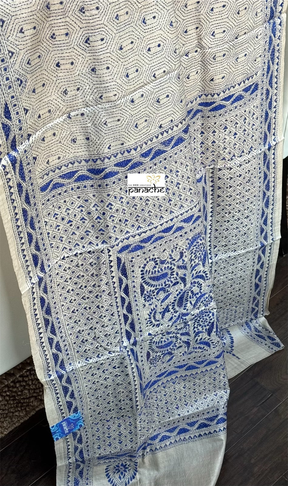 Pure Tussar Silk Kantha Stitch - Beige Blue