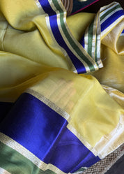 Maheshwari Tissue Silk Satin - Light Lemon Yellow Blue Green