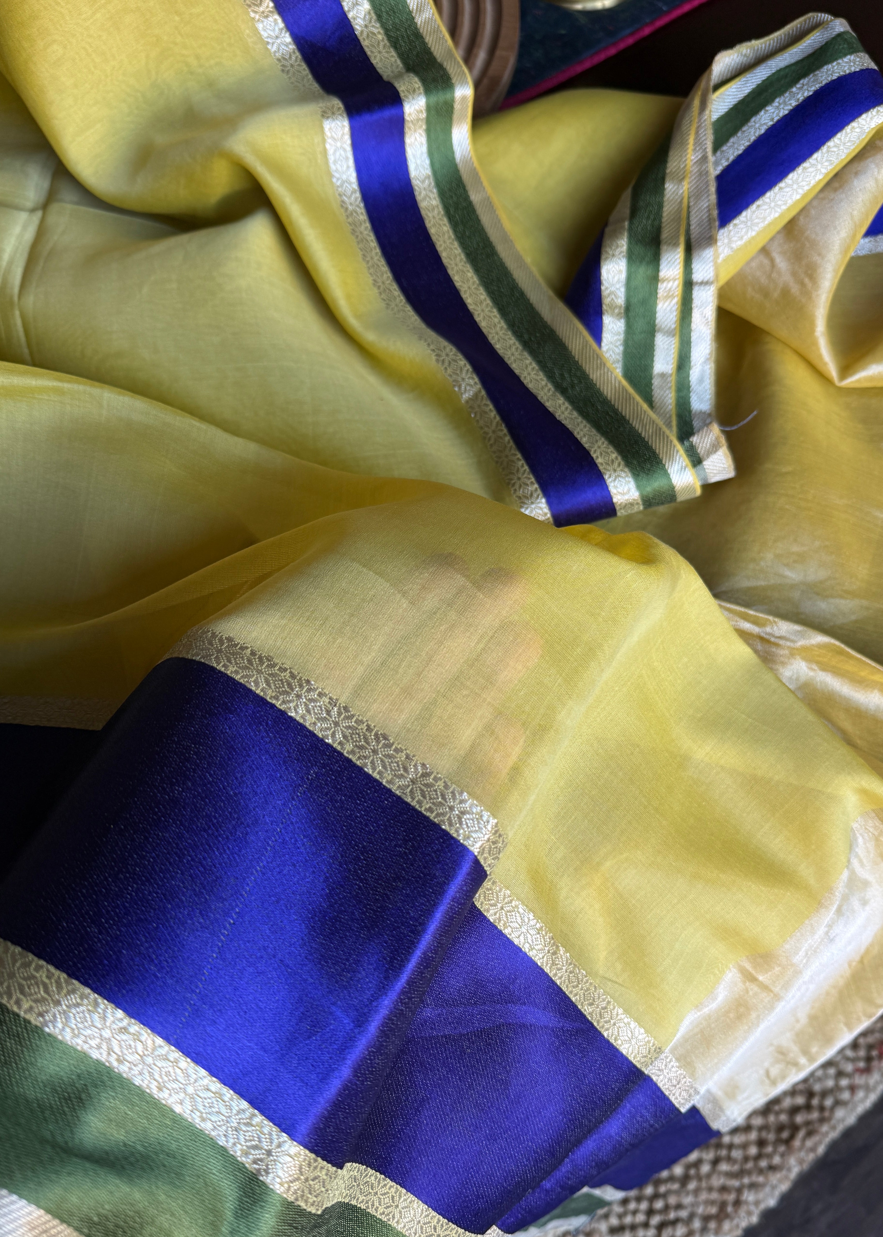 Maheshwari Tissue Silk Satin - Light Lemon Yellow Blue Green