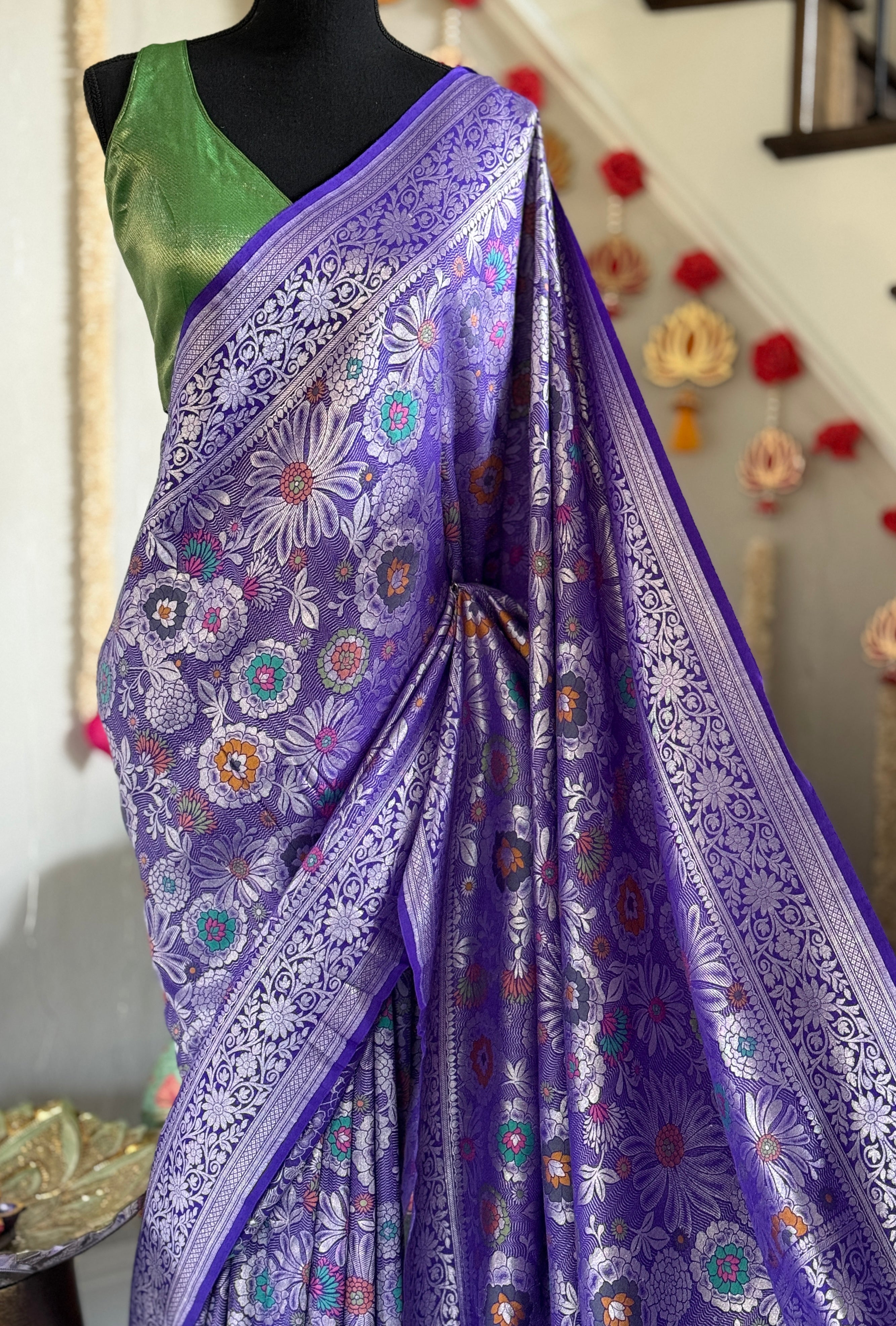 Tussar Georgette Banarasi - Purplish Blue Multi Meenakari