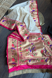 Pure Silk Paithani Single Munia - Cream Red Woven