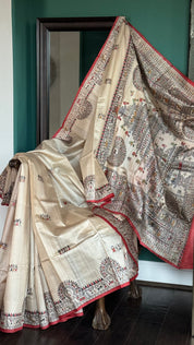 Pure Tussar Silk - Beige Worli Printed