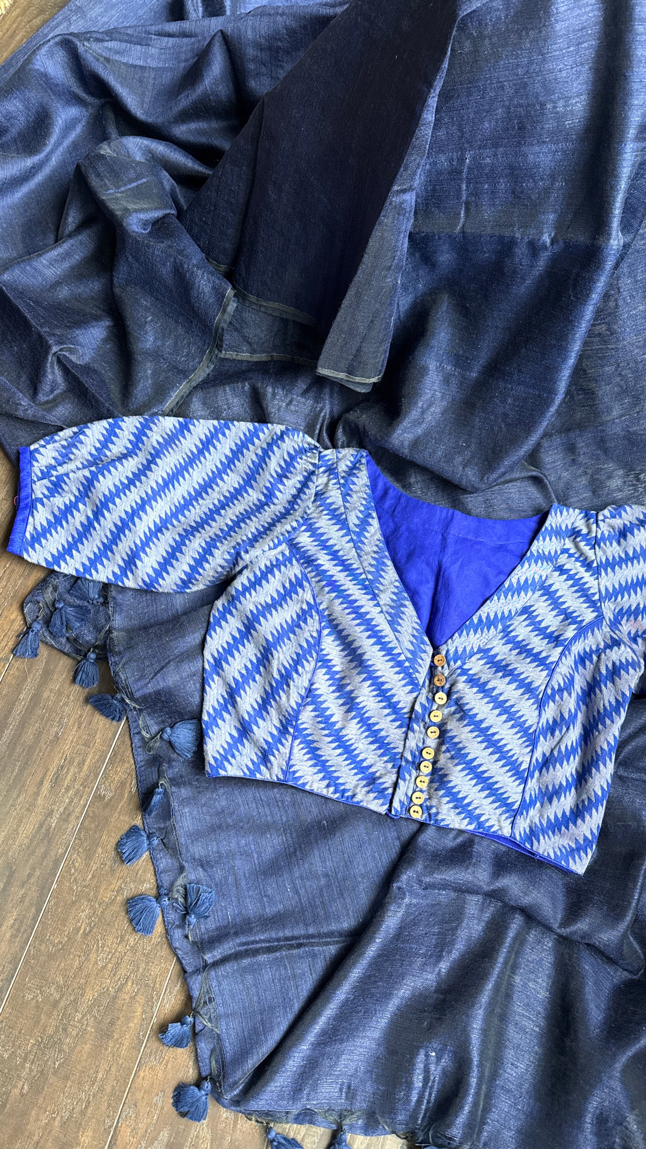 Designer Jute Cotton Blouse - Royal Blue