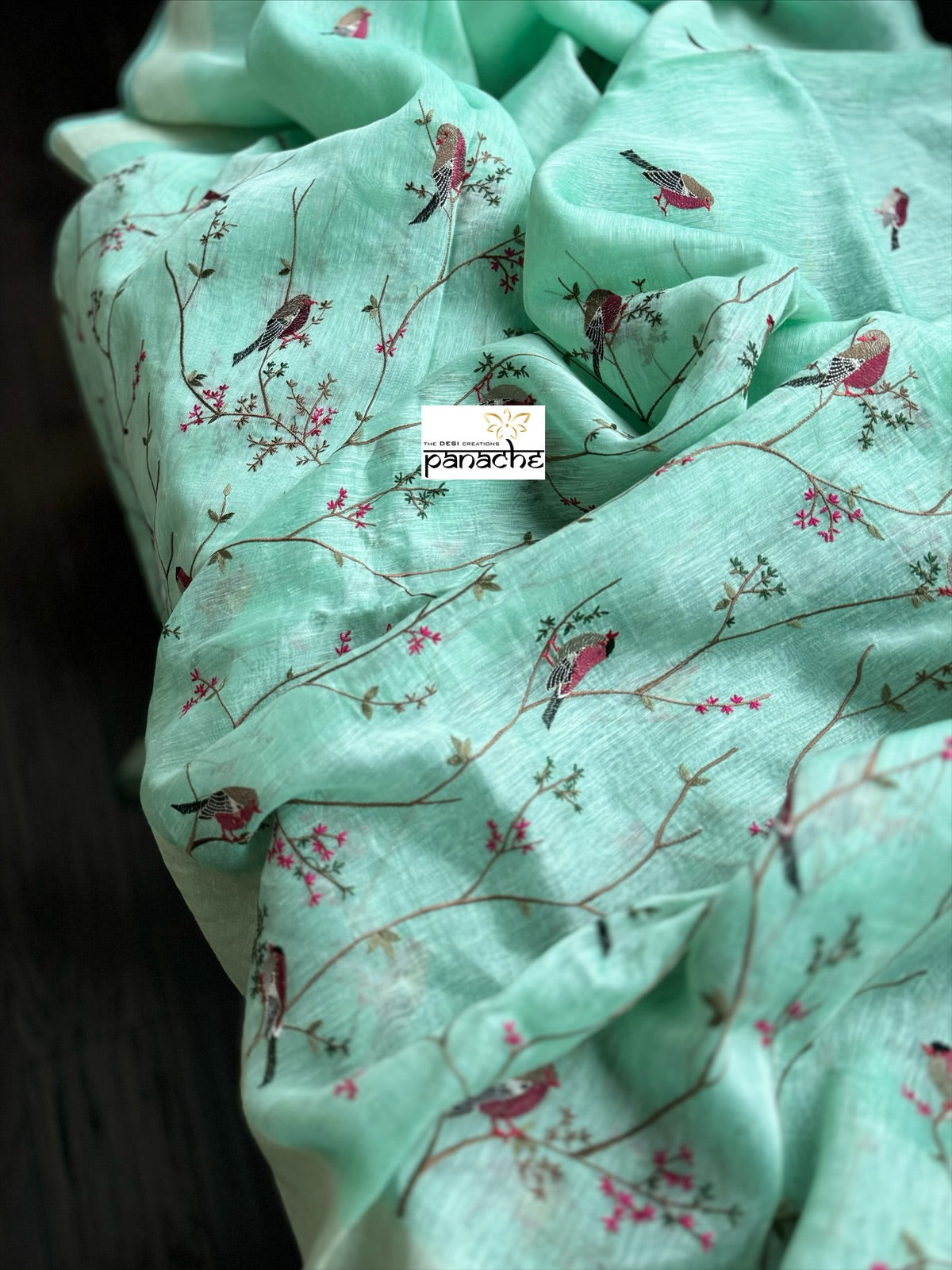 Embroidered Linen Silk - Mint Green