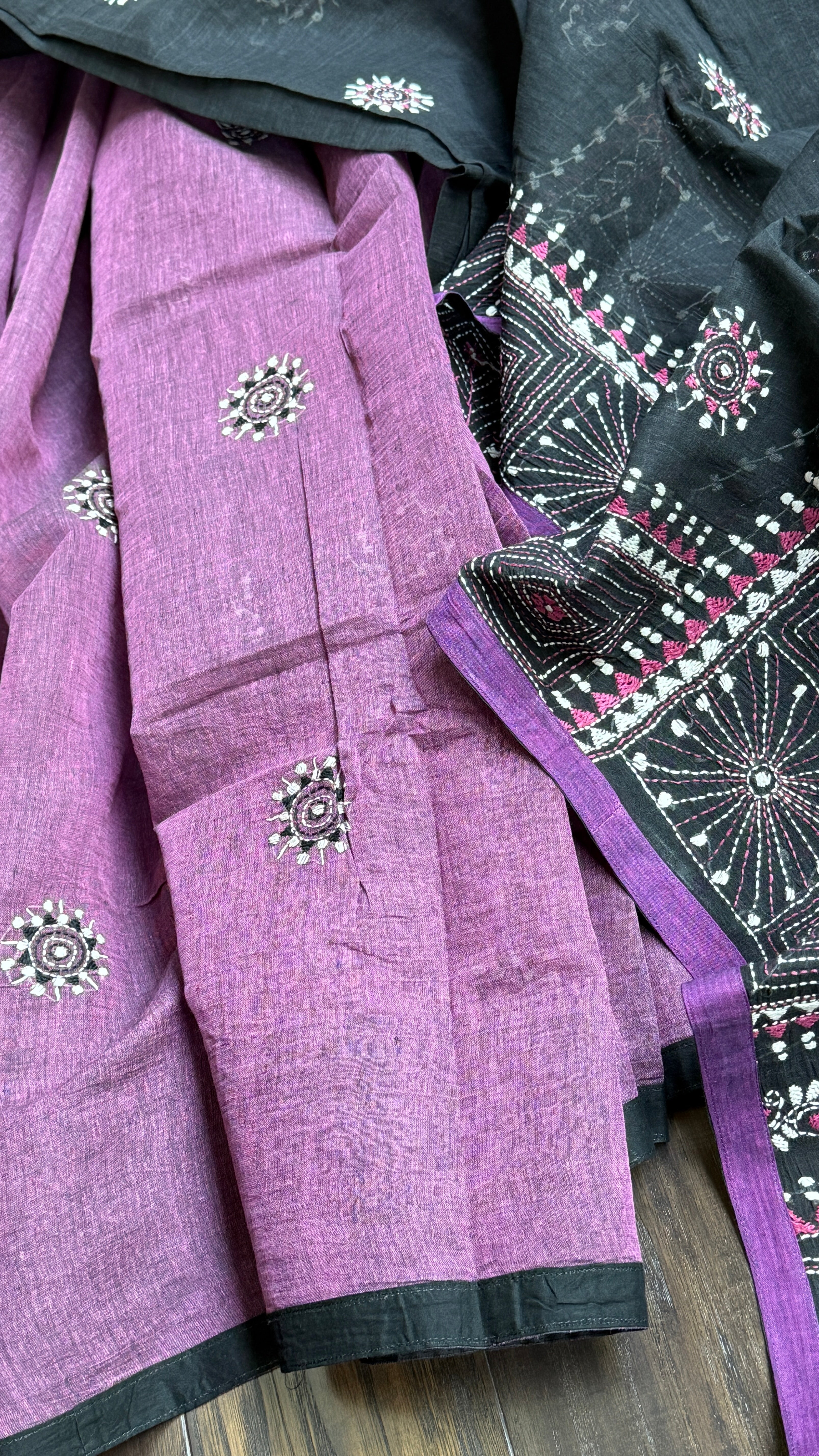 Cotton Kantha Stitch -  Mauve Purple Black Half Half