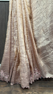 Designer Crushed Tissue Silk - Bronze Brown Appliqué Embroidered