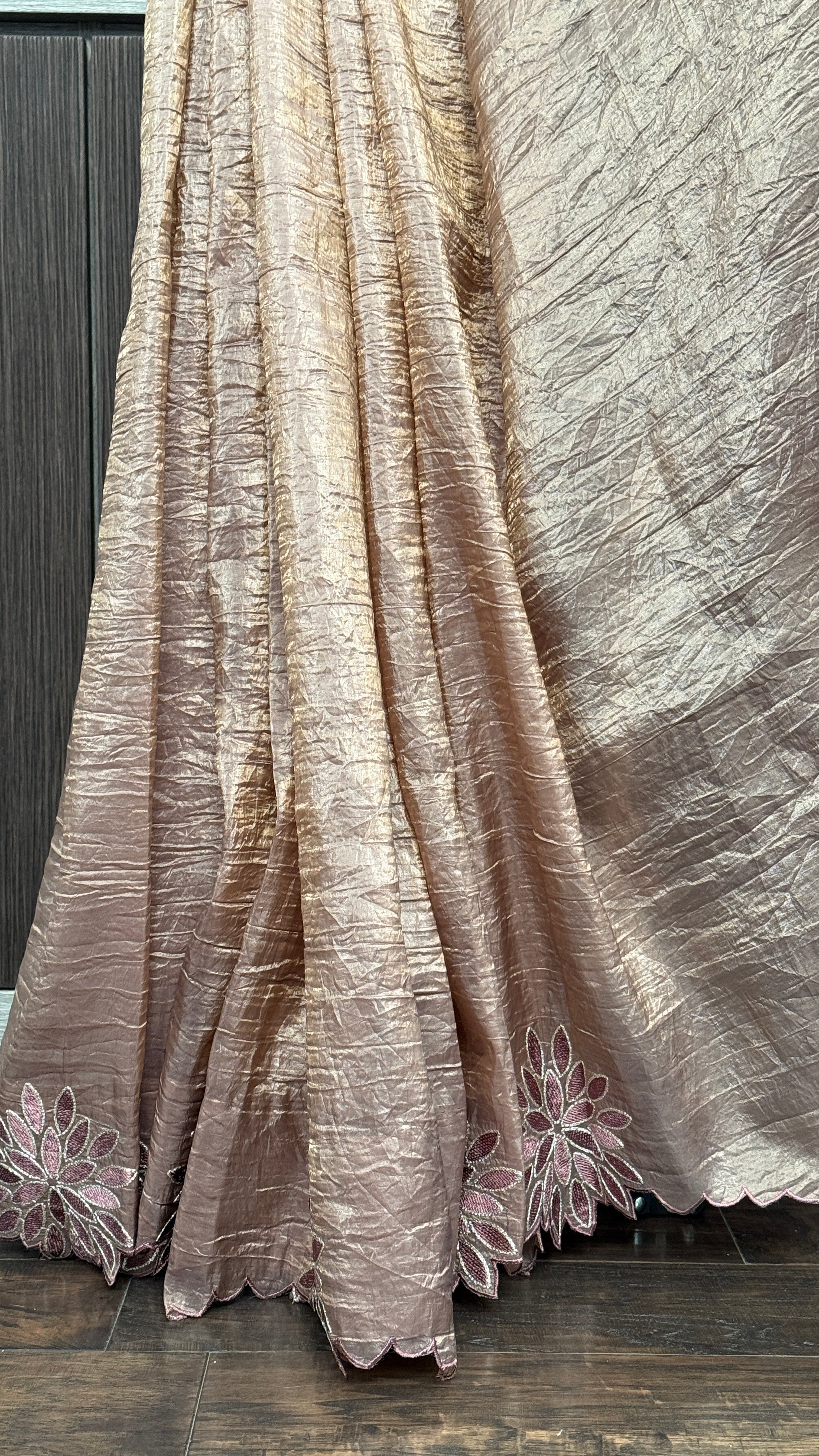 Designer Crushed Tissue Silk - Bronze Brown Appliqué Embroidered