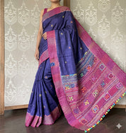 Pure Tussar Silk Lambani - Blue Pink Hand Embroidered