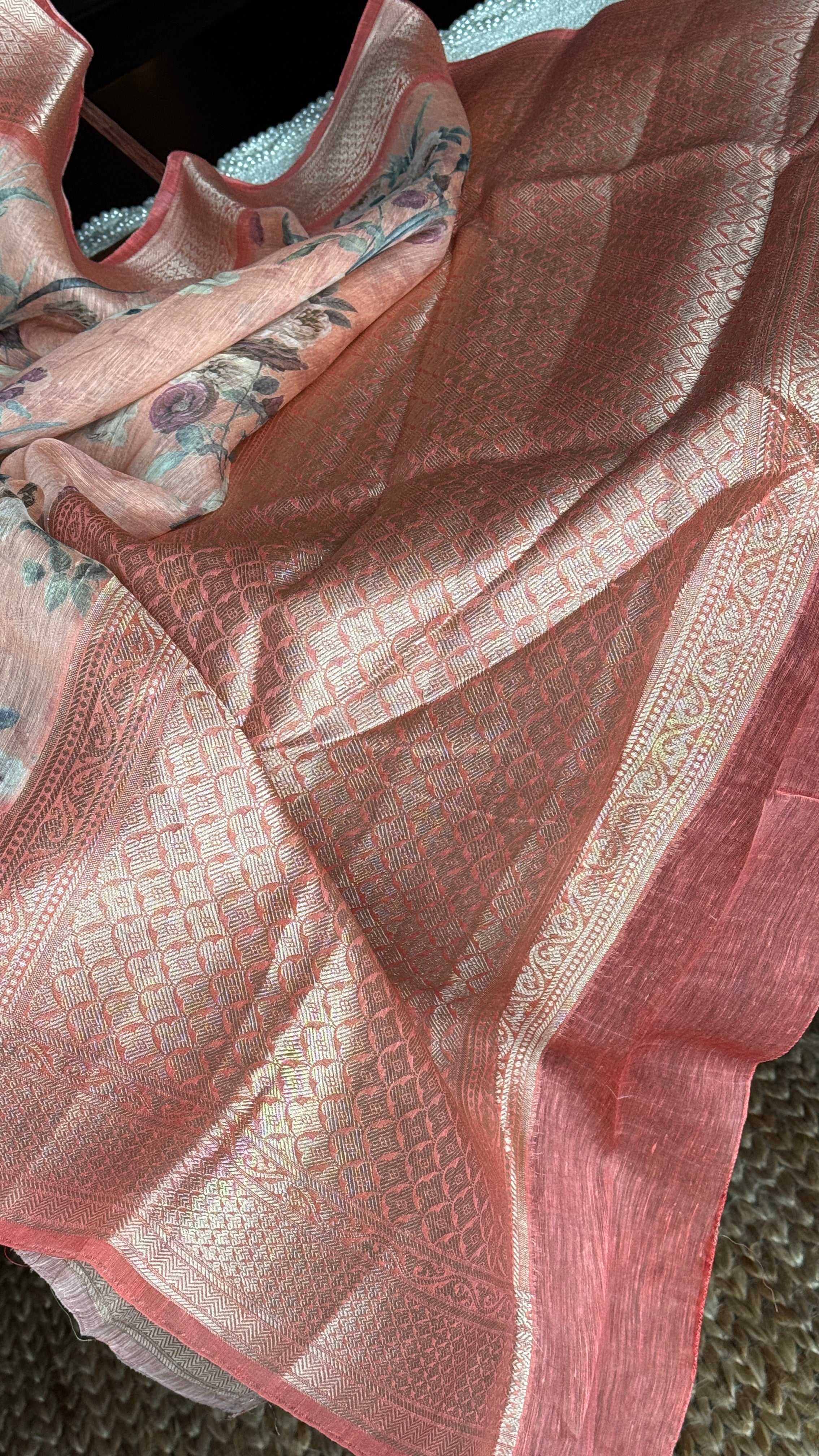 Pure Silk Linen Banarasi - Peach Floral Digital Print