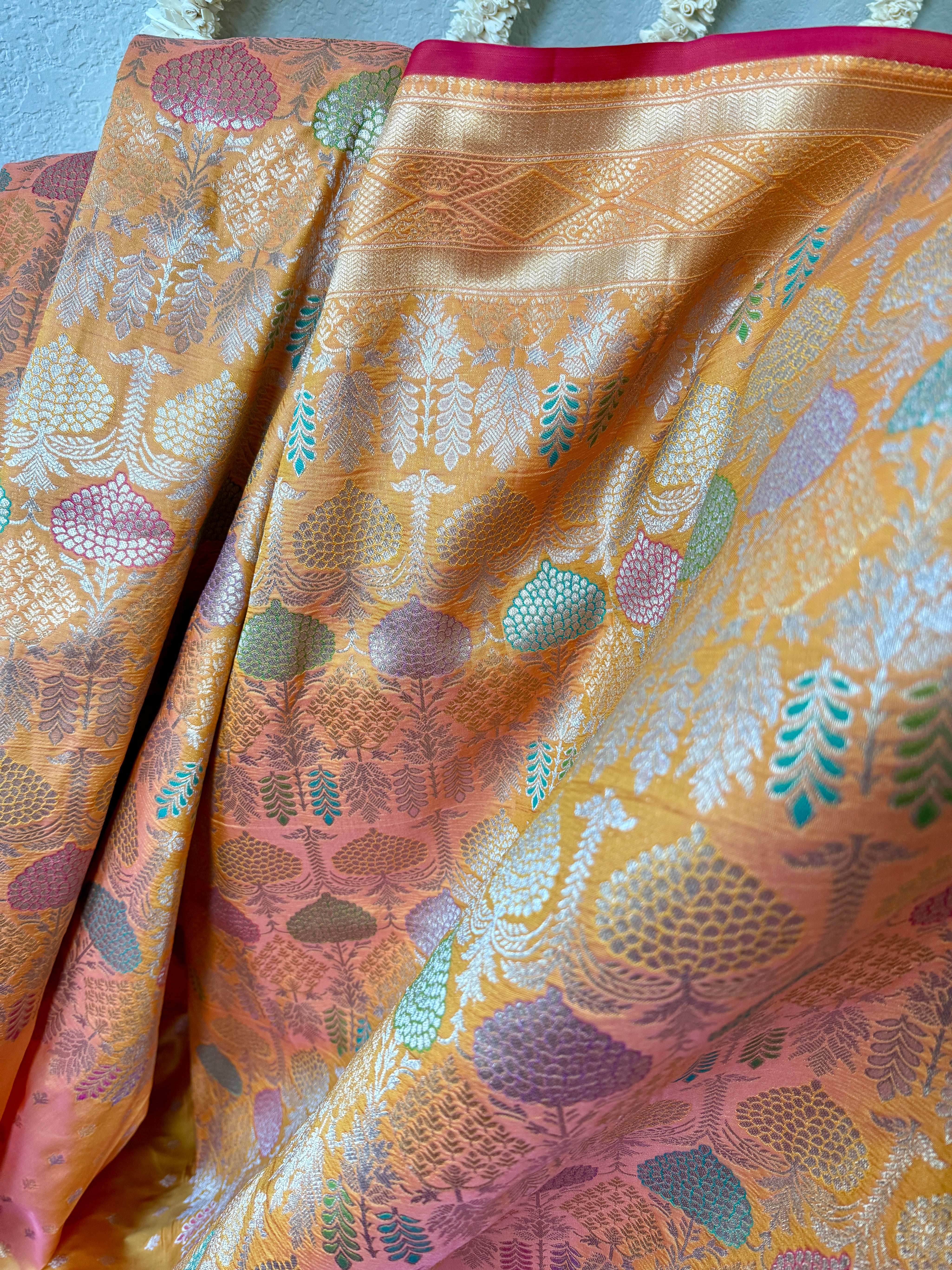 Soft Silk Banaras Brocade Saree - Orange Peach Dual Tone