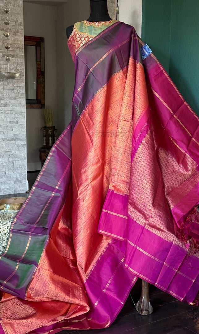 Pure Silk Mubbagam Broade Kanjivaram - Rust Orange Woven