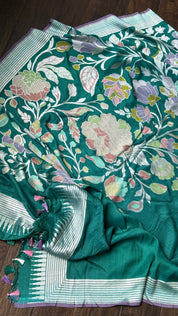 Khaddi Tussar Banarasi - Teal Blue Meenakari