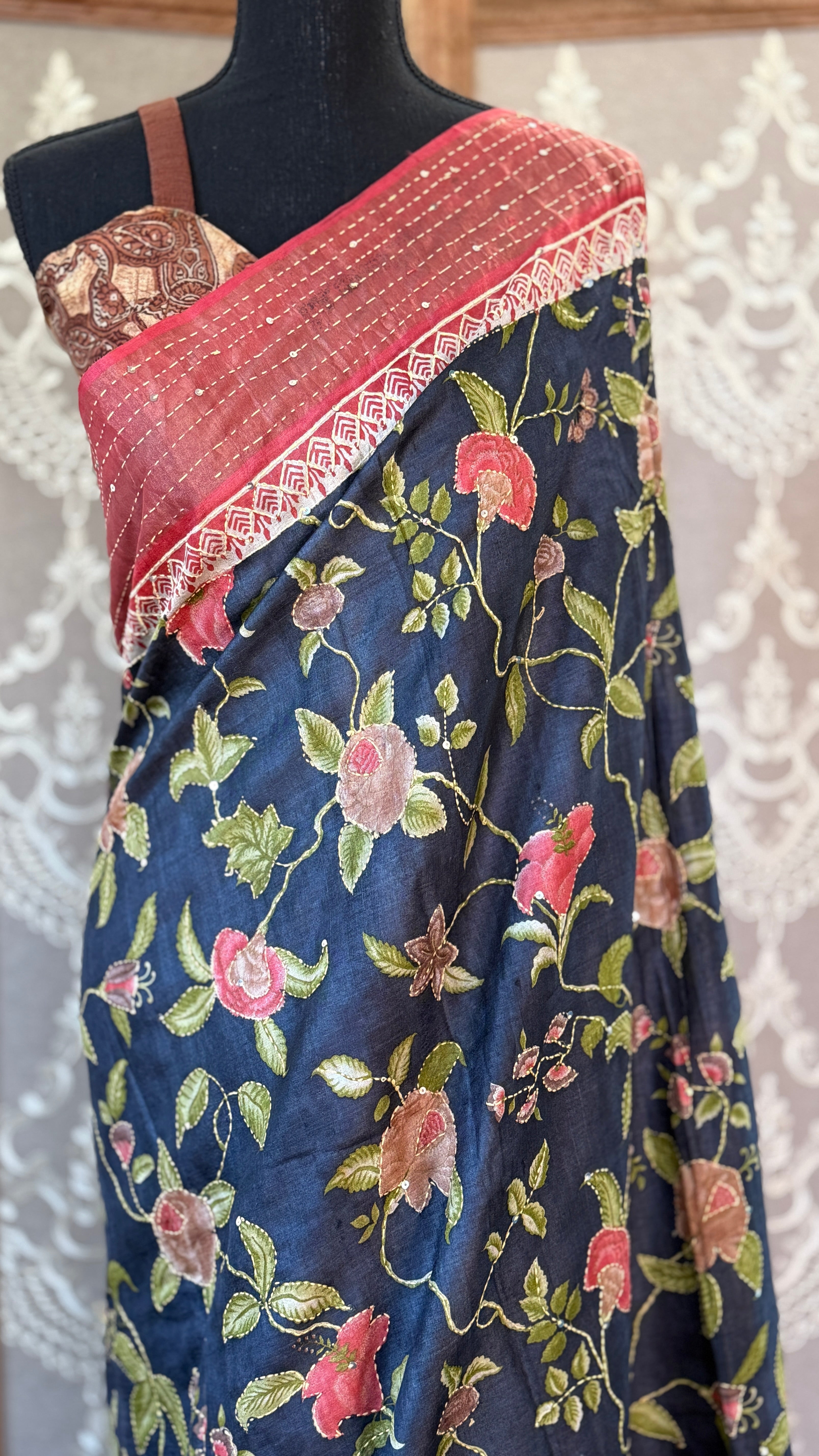 Printed Tussar Silk Kantha Stitch - Black