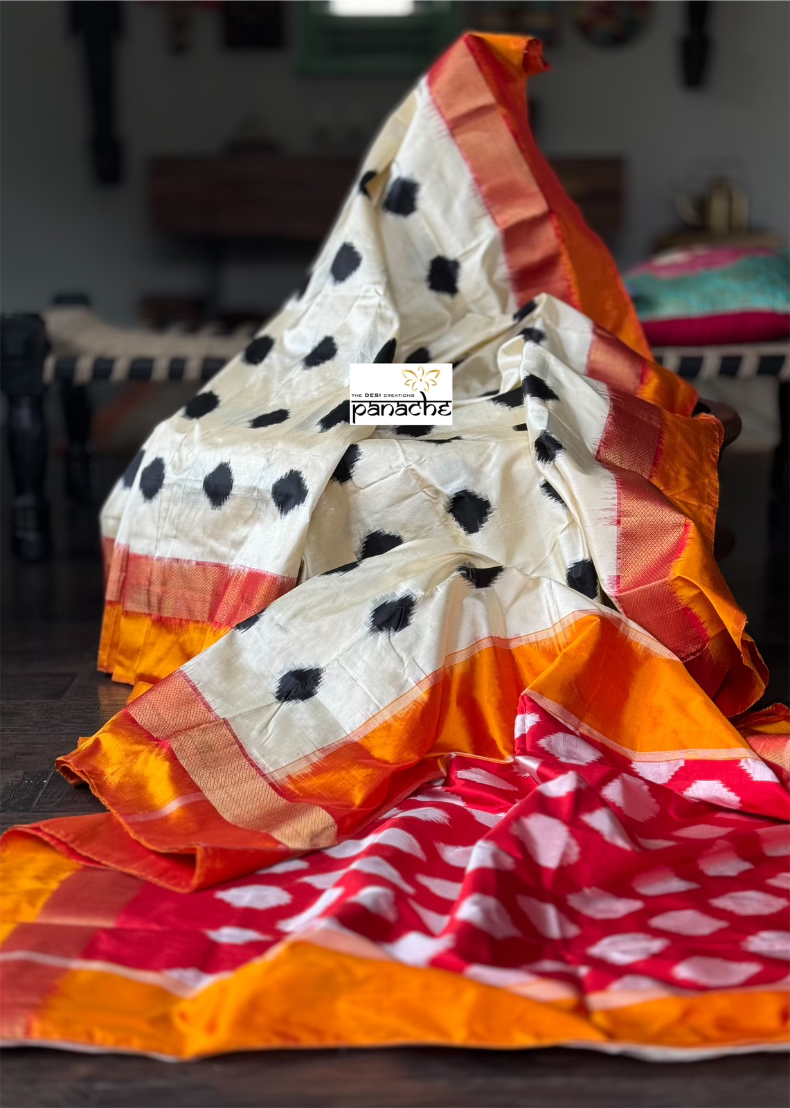 Pure Silk Ikat -  Cream Orange Yellow Pochampally