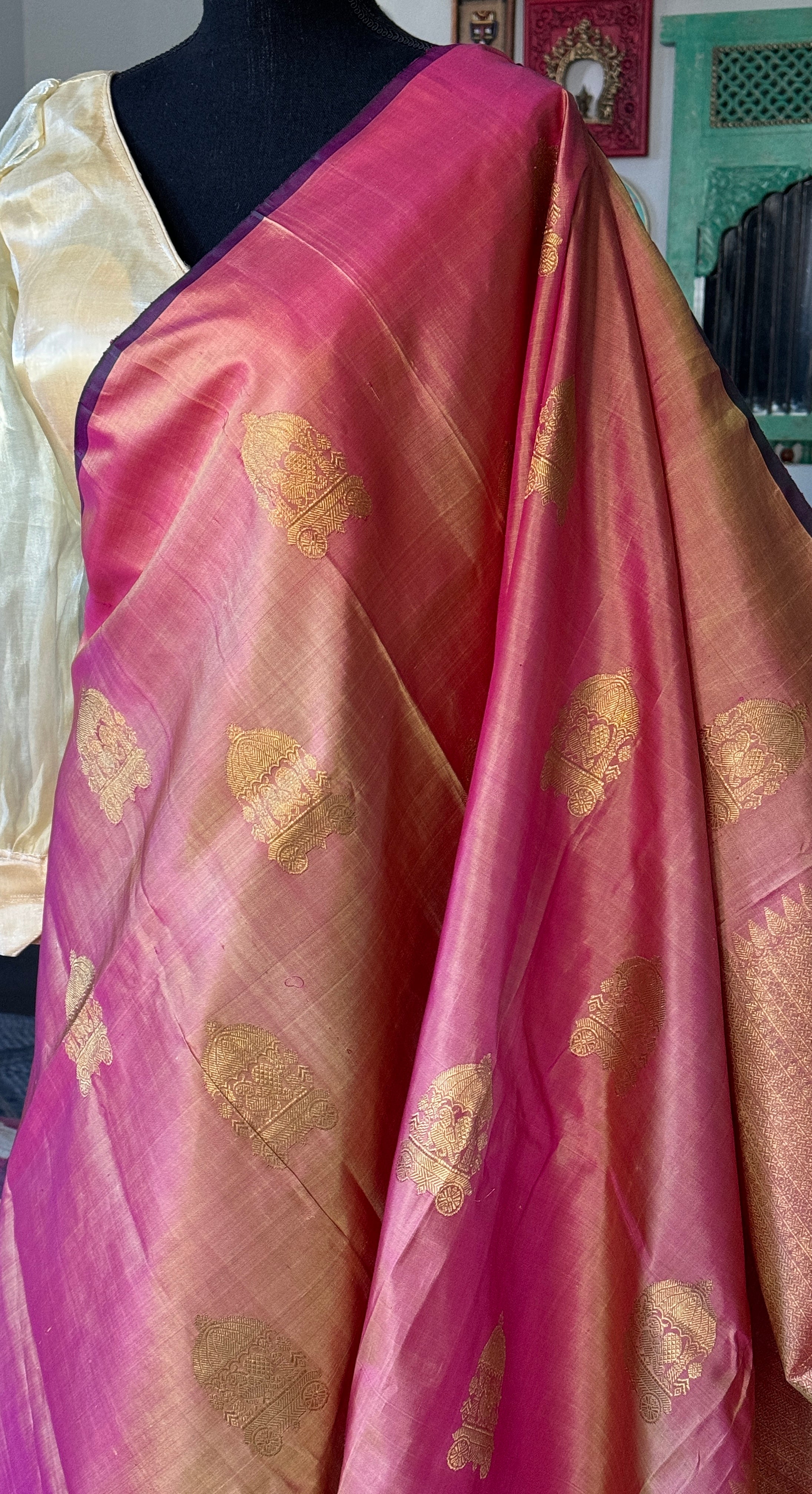 Pure Silk Kanjivaram - Orange Pink Dual shaded