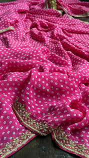 Designer Satin Georgette - Pink Bandhej Print