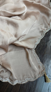 Designer Satin Silk - Light Mocha Stone Border
