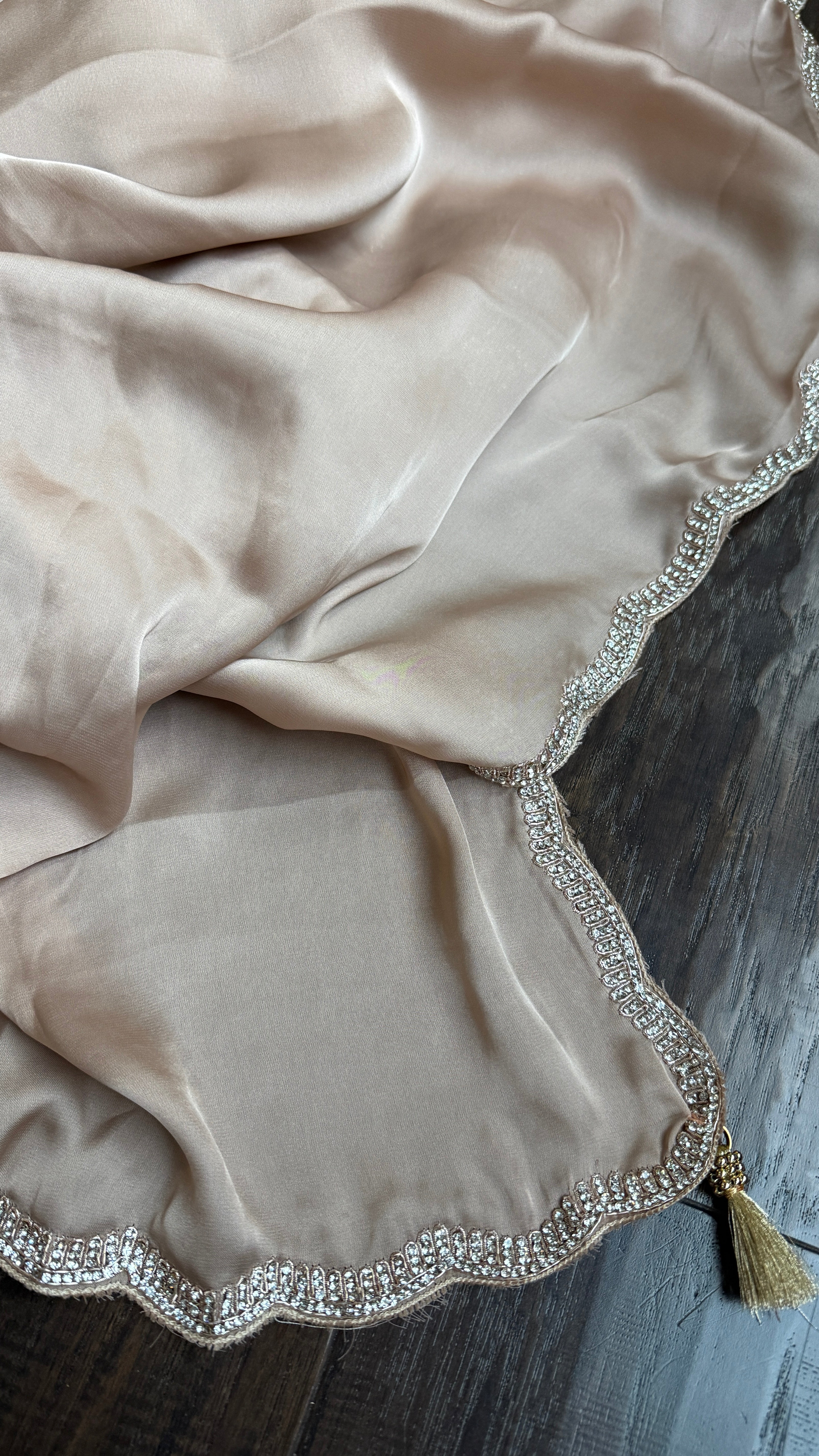 Designer Satin Silk - Light Mocha Stone Border