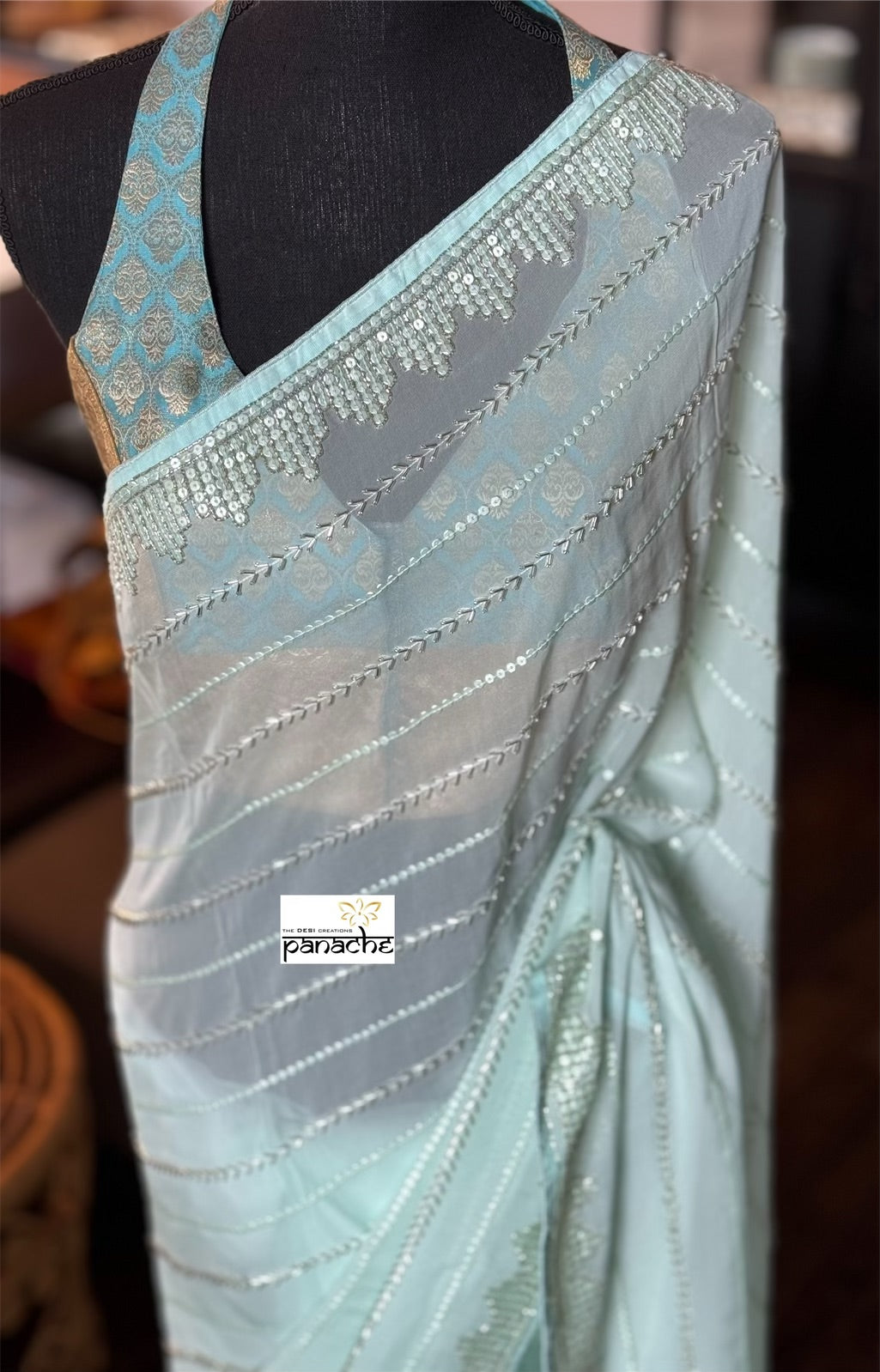 Designer Georgette Organza - Mint Hand Embroidered