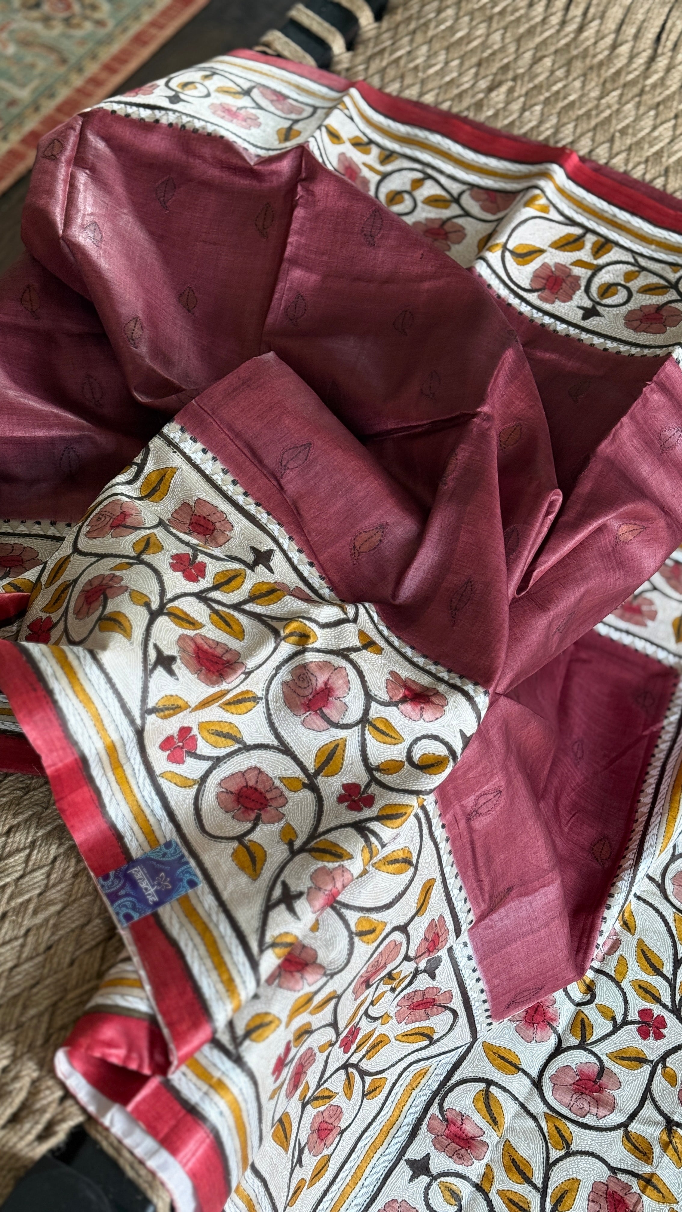 Pure Tussar Silk Kantha Stitch -  Maroon Beige