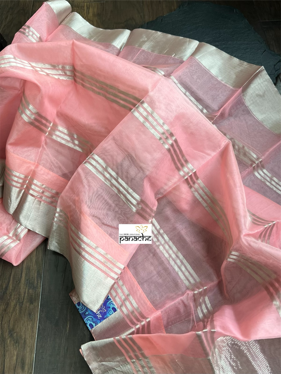 Pink - Handloom Full Tissue Silver Zari Chanderi Silk Fabric 23