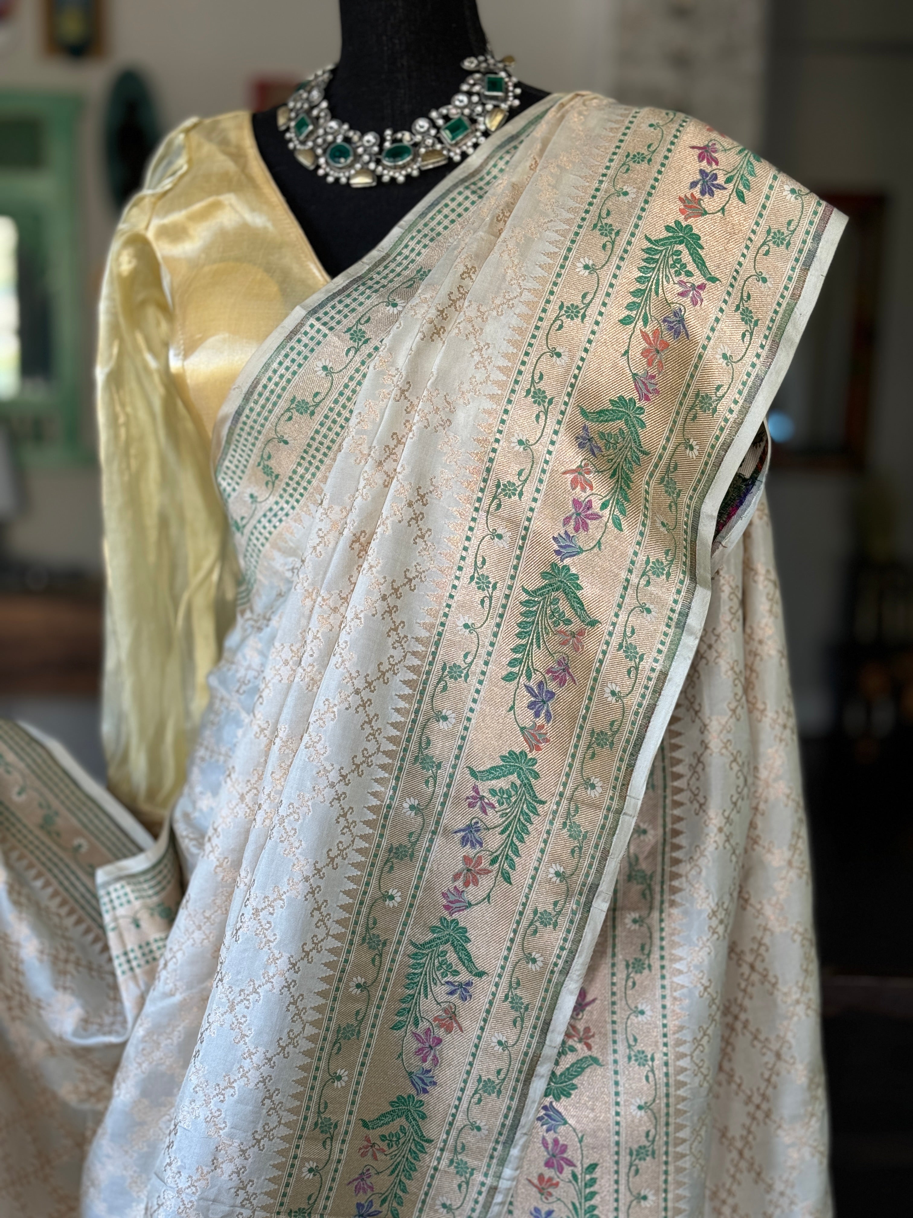 Pure Silk Katan Tilfi Banarasi- Cream Green