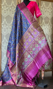 Pure Tussar Silk Digital Printed -  Blue Magenta Patola