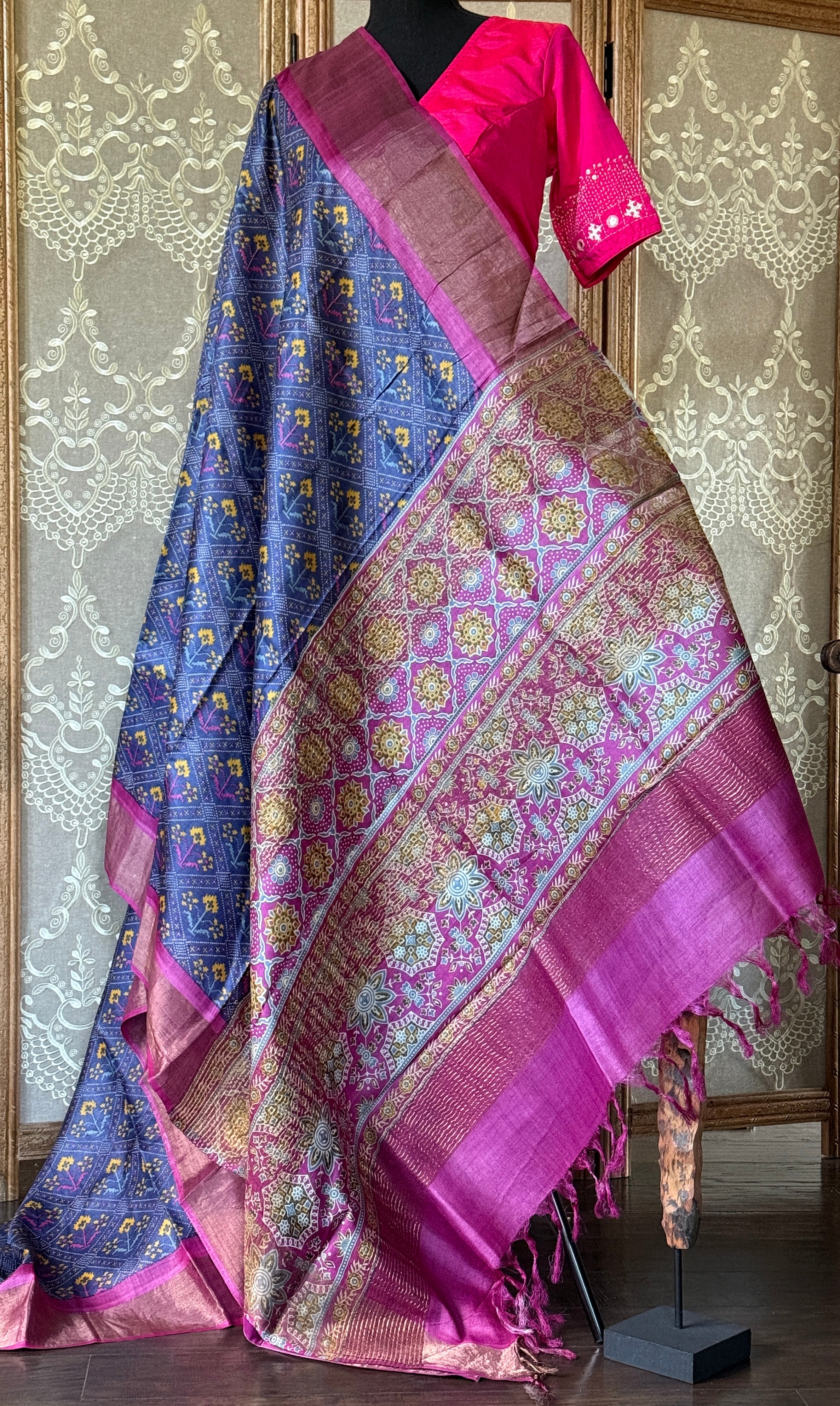 Pure Tussar Silk Digital Printed -  Blue Magenta Patola
