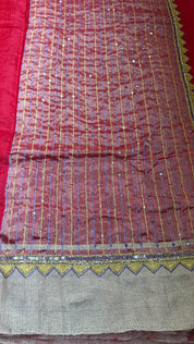 Hand Zardozi Pure Chanderi Pattu Silk - Red Eknaliya Woven