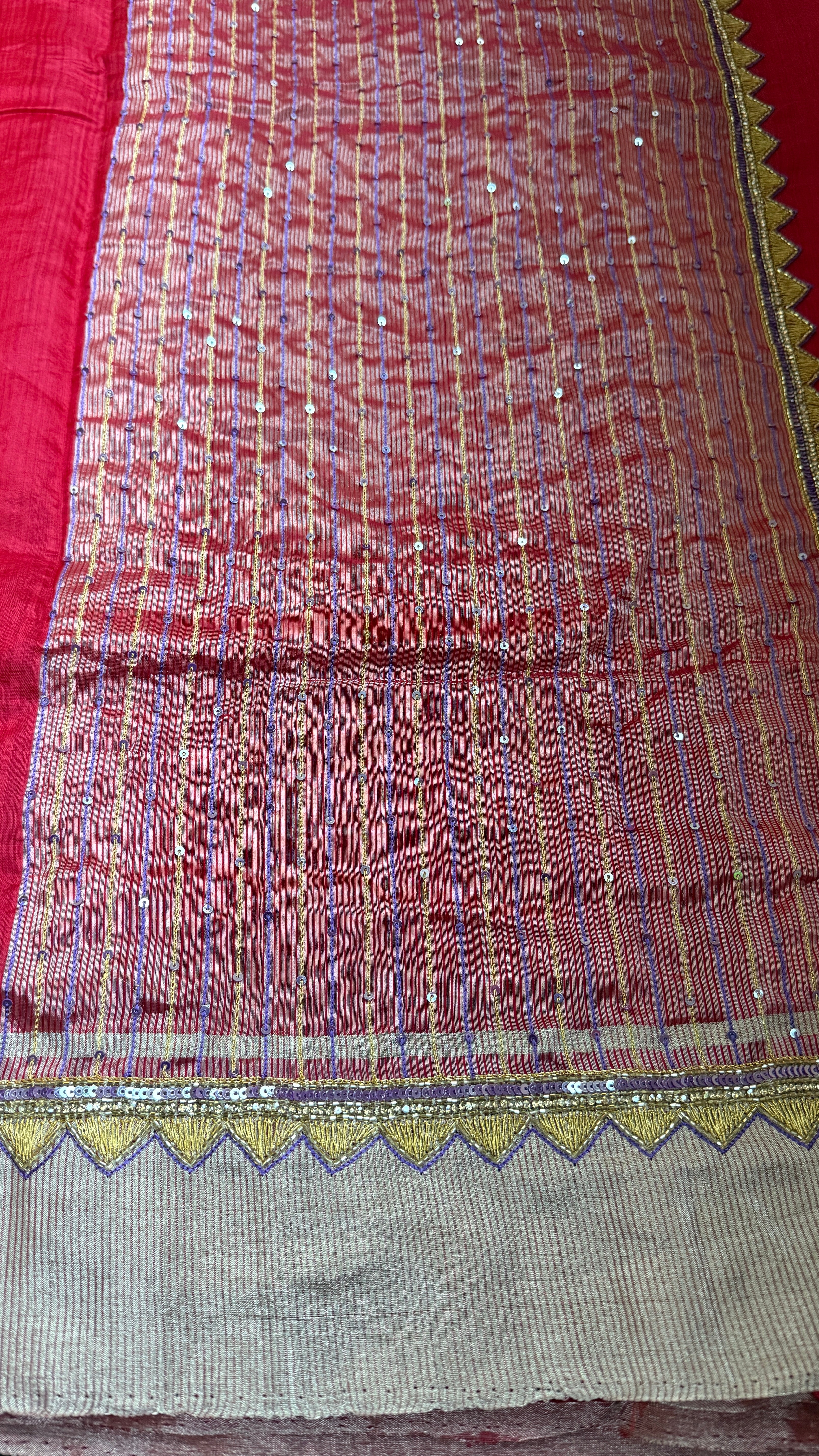 Hand Zardozi Pure Chanderi Pattu Silk - Red Eknaliya Woven