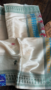 Pure Tussar Silk - Tan Beige Green Dolabedi