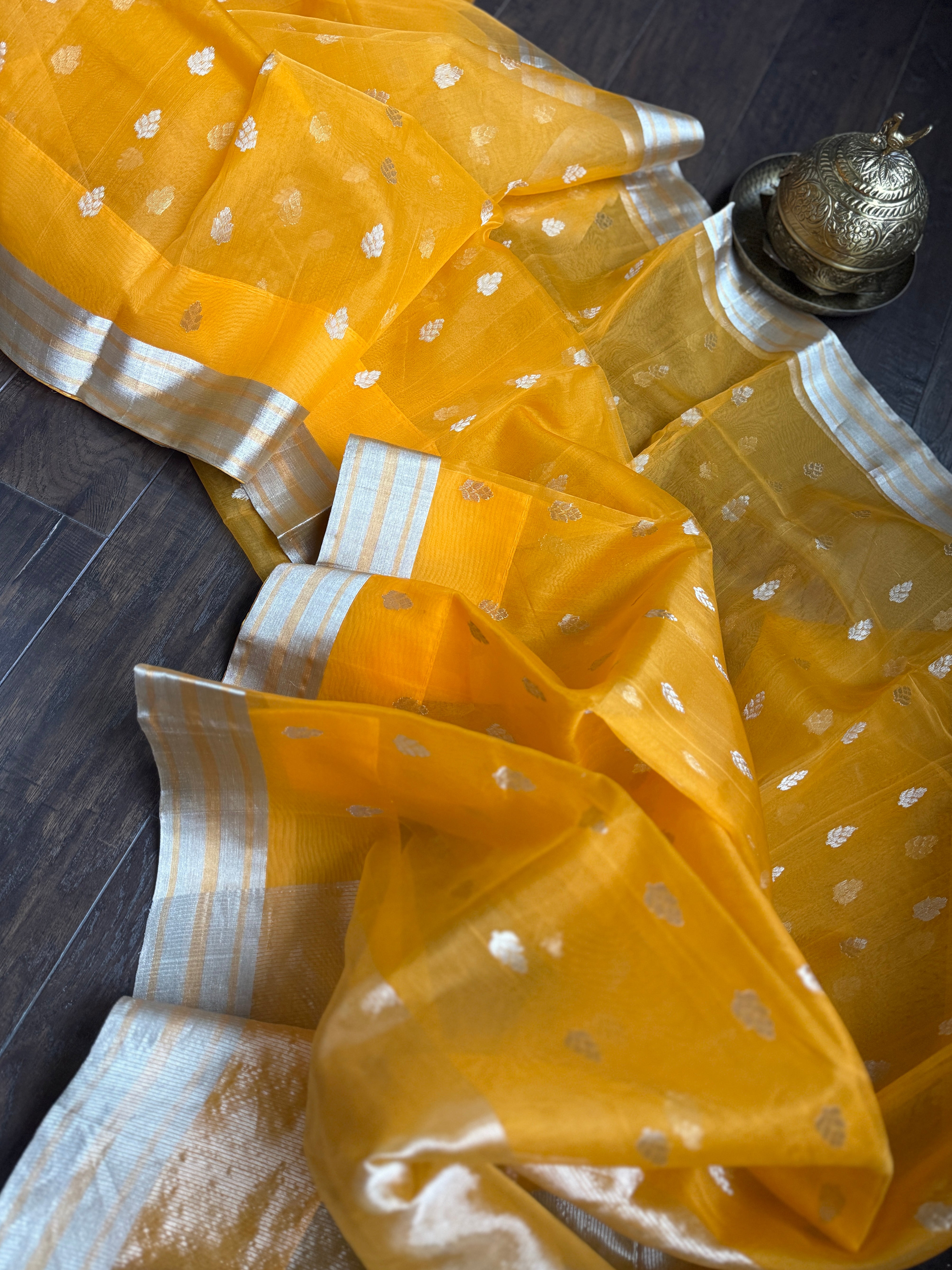 Pure Chanderi Organza Silk - Sunrise Orange Silver Zari