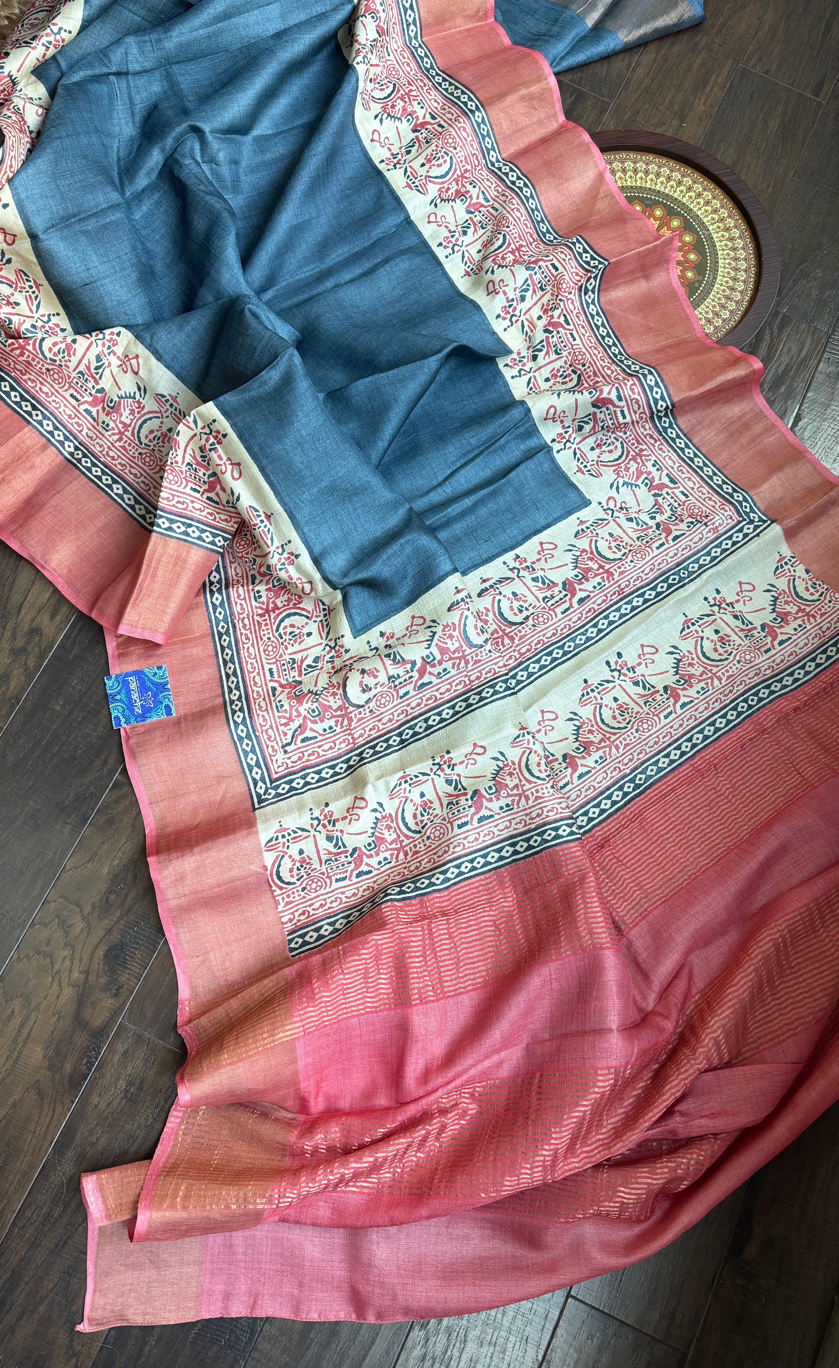 Pure Tussar Silk - Slate Grey Mahabharata depiction