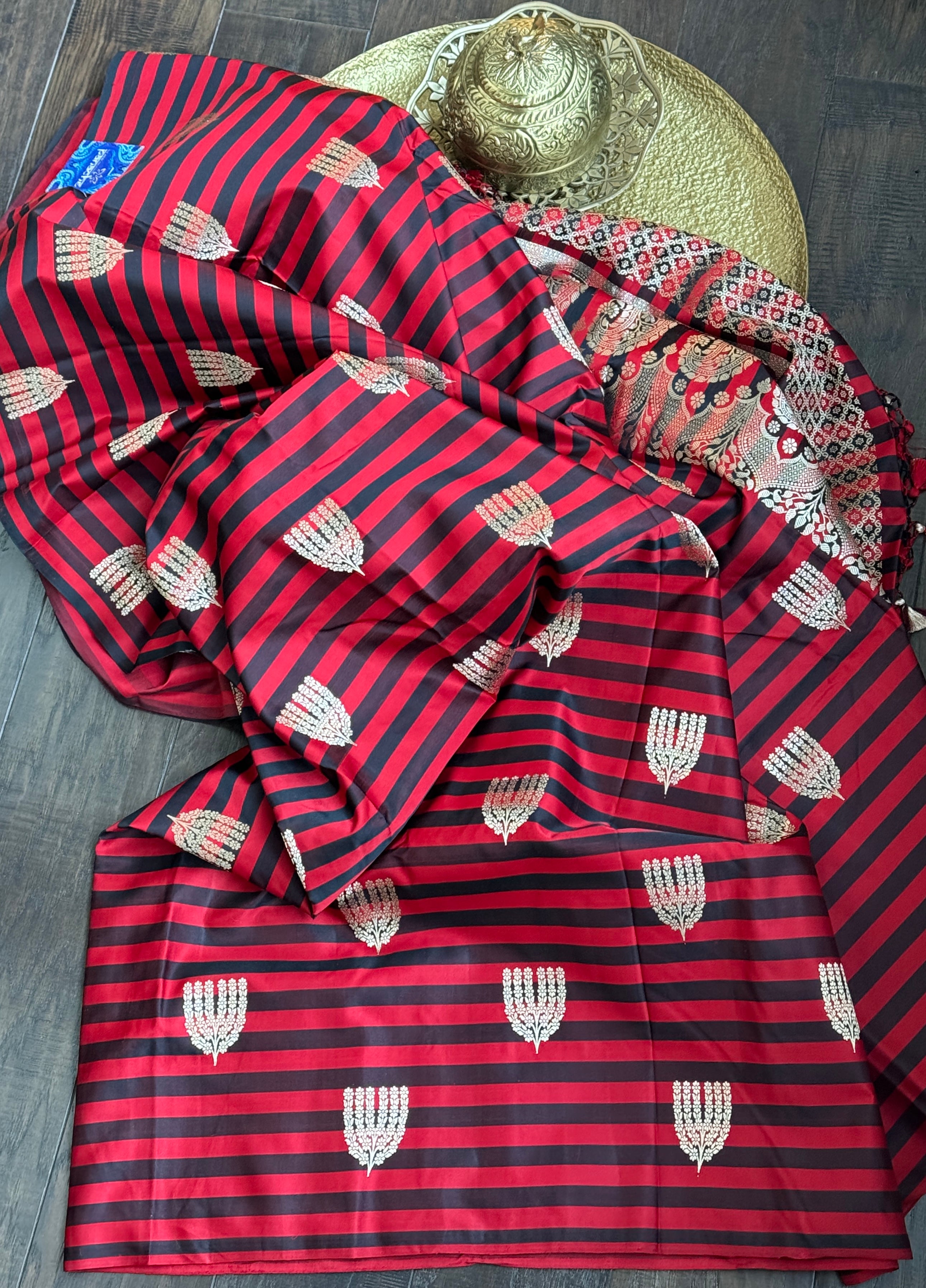 Pure Silk Mashru Banarasi- Red Black striped