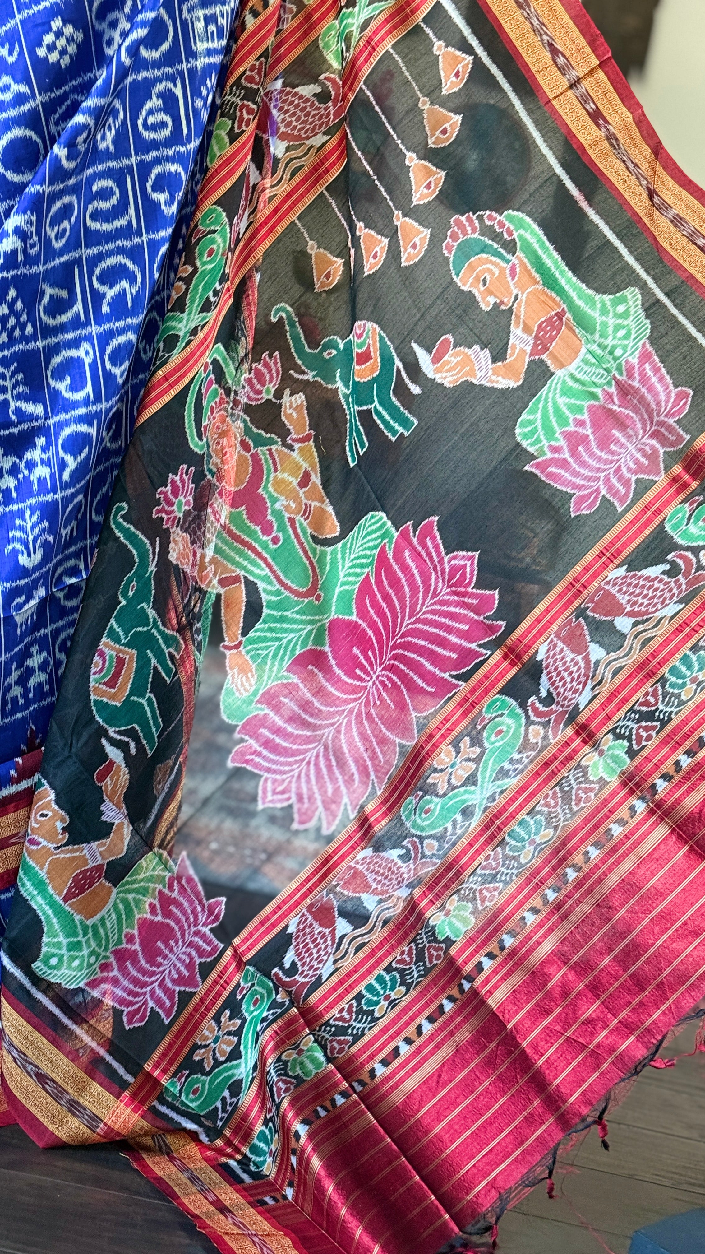 Pure Silk Sambalpuri Double ikat  - Royal Blue Maroon
