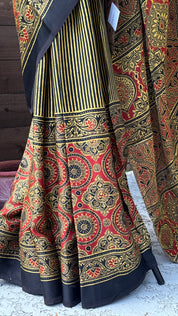 Modal Silk Ajrakh - Greenish Yellow Black Striped