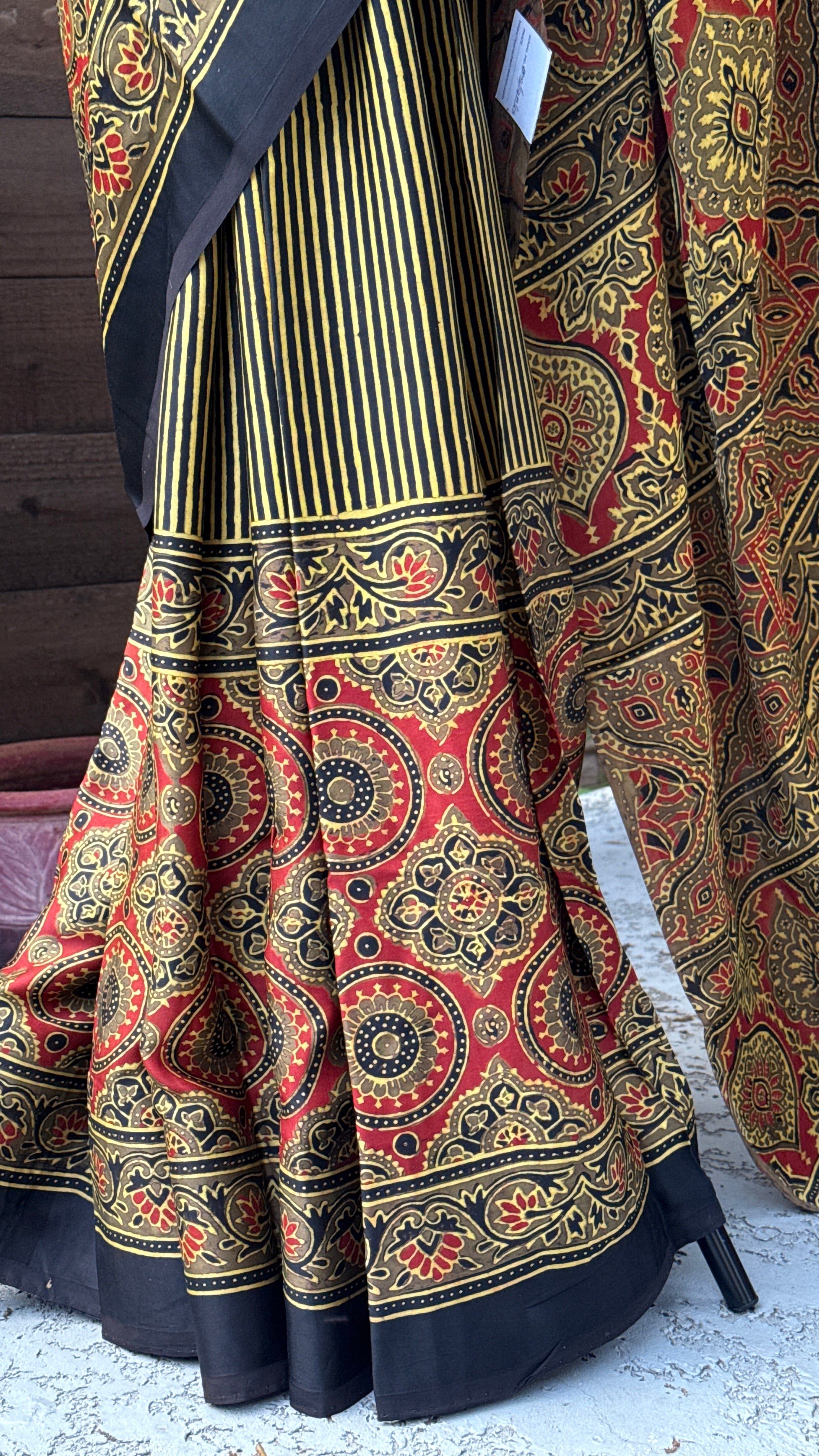 Modal Silk Ajrakh - Greenish Yellow Black Striped