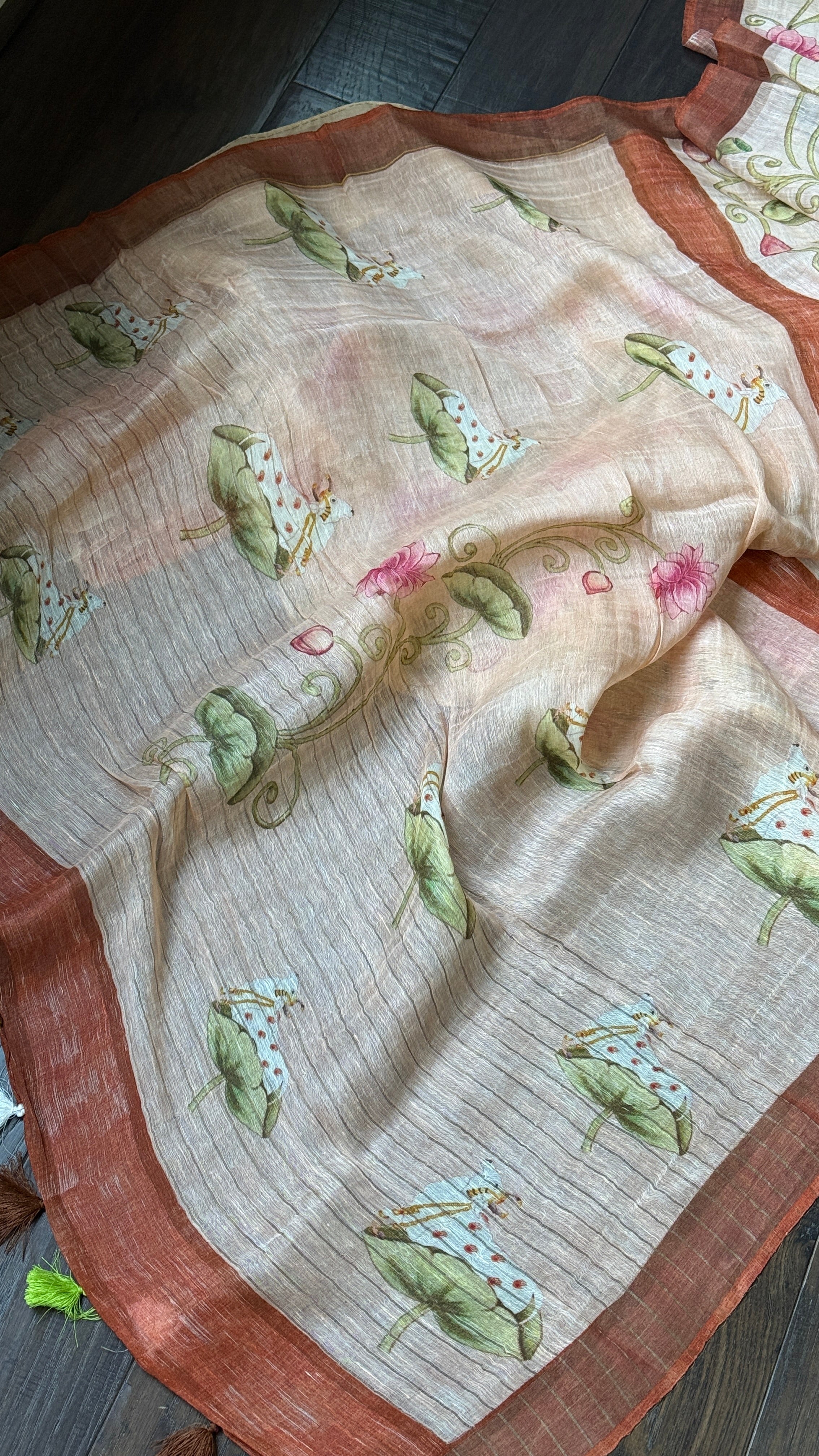 Linen Digital Print - Light Peach Green Pichwai