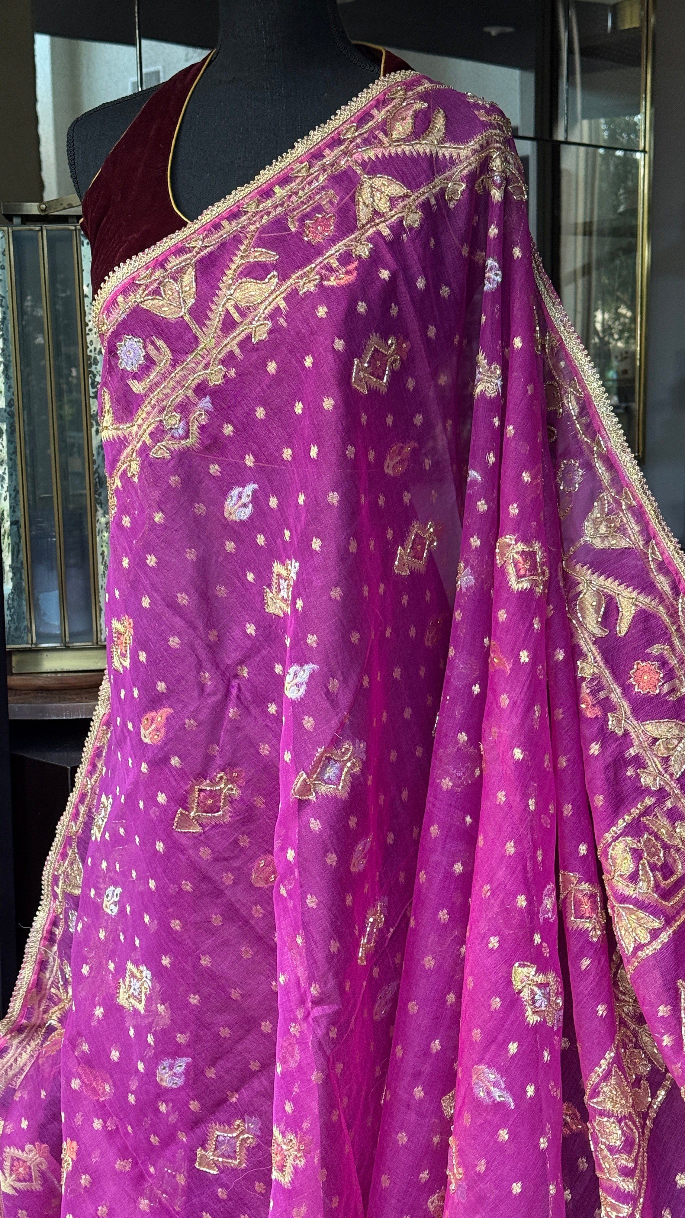 Designer Jamdaani Cutdana Embroidered - Magenta Pink