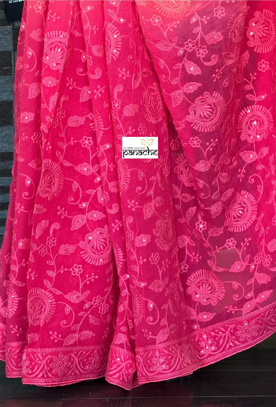 Designer Geogette Chikankari - Peach Orange Pink shaded